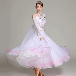 Large Skirt Waltz Dress 2024 High Quality White Waltz Competition Suit Long Sleeves Ballroom Dance Clothes Rhinestones High-end