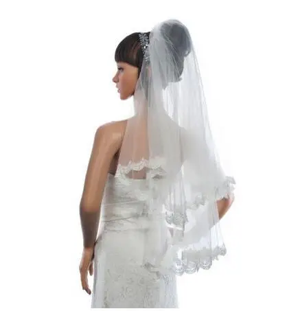 Twee Lagen Kant Applicaties Bridal Veils Met Kam Gezicht Sluier Wit Ivoor Petite Dames Bruiloft Accessoires Goedkope Koop