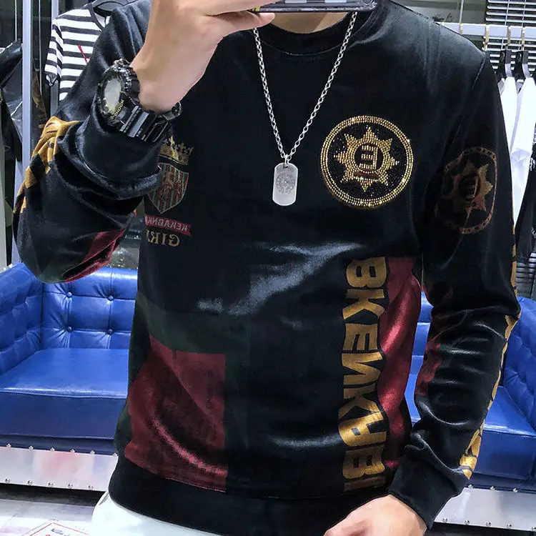 Fall/winter new tide brand Korean version of loose hot diamond printing gold velvet vests slim round neck bottoming shirt men