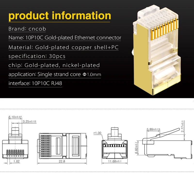 CNCOB RJ50 connectors Stranded 10P10C Network Cable Connector RJ48 Crystal Plug Modular 30 Pcs/Pack