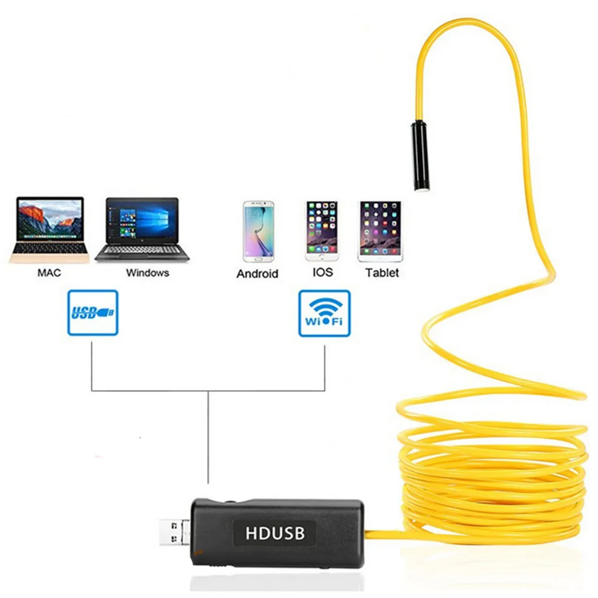 2MP 1200P Semi-rigido USB WIFI Endoscopio CMOS Periscopio Ispezione Otoscopio 3in1 Microscopio digitale wireless per PC e smartphone