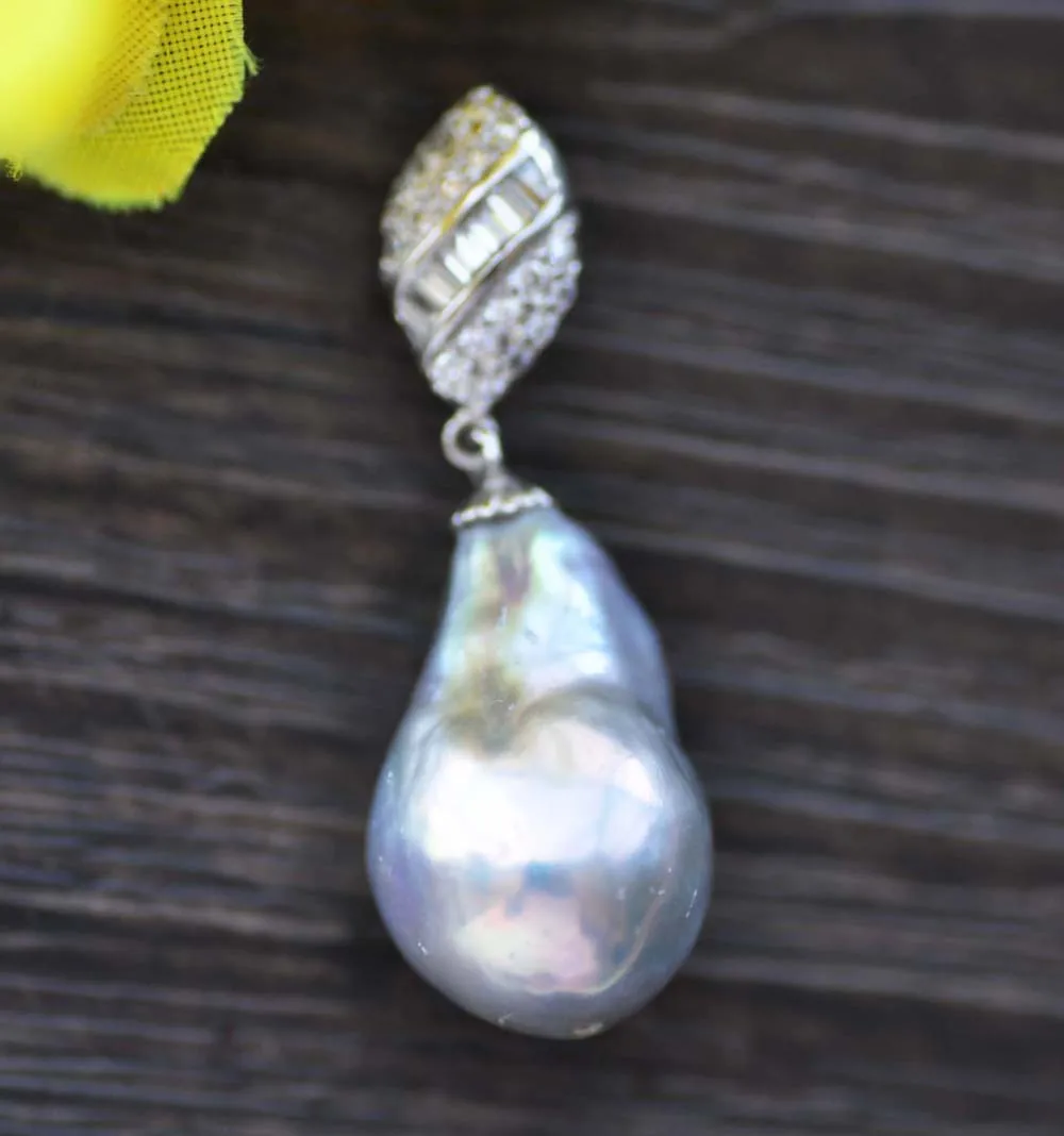 Z10044 18mm Gray Drop-Baroque Keshi Reborn Pearl CZ Pendant