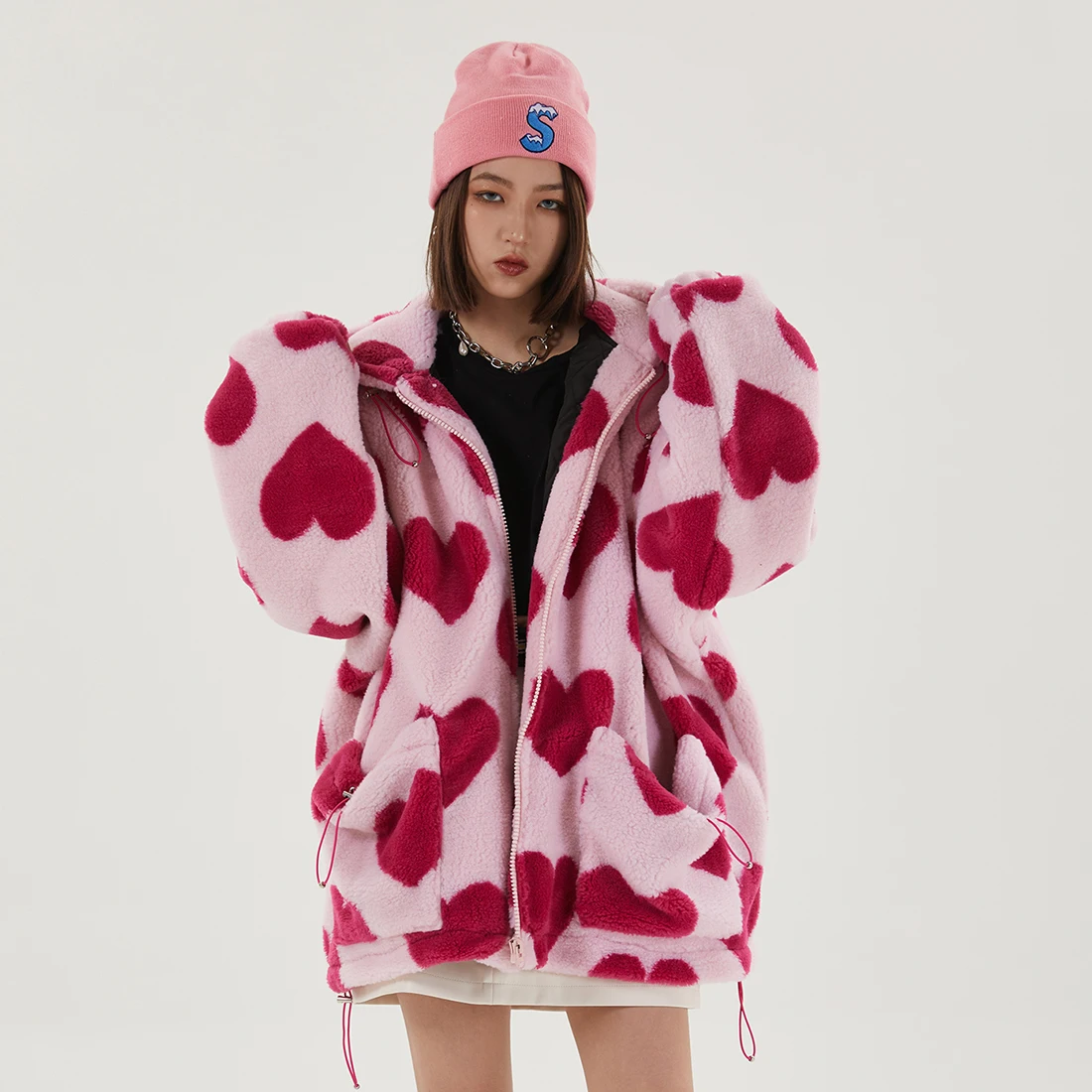 ATSUNSET Cute Heart Shaped Print Lambswool Hooded Cotton Coat Thick Warm Harajuku Winter Jacket  High Street Couple Streetwear