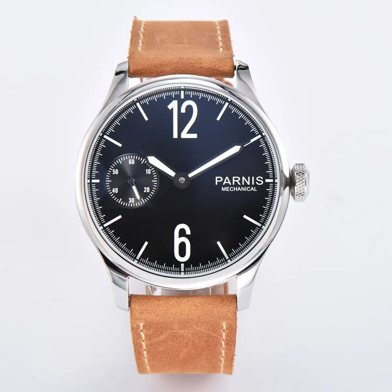 

New PARNIS 44mm Hand-winding Men's Wristwatch black dial ST3600 movement seconds dial leather strap polished case pin clasp