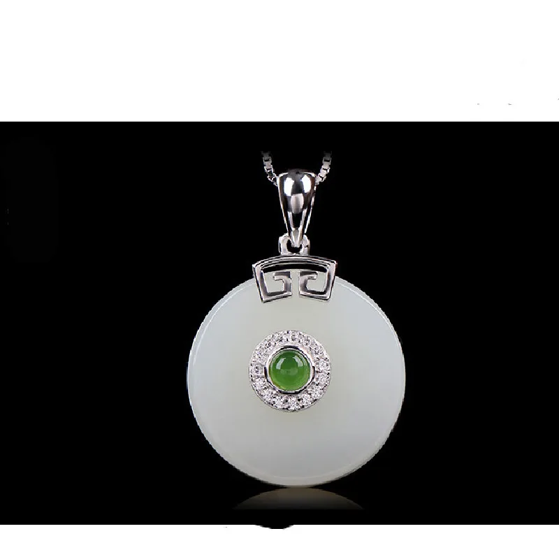 

New 925 Sterling Silver Inlaid Hetian Jade AAA Zircon Pendant Silver Inlaid Jade Jewelry