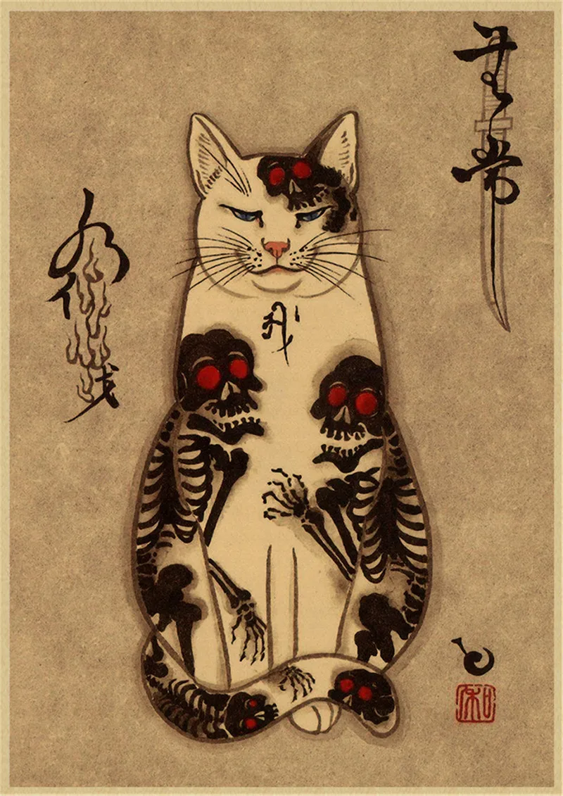 Póster de arte retro para decoración de sala de estar, arte de pared, carteles de pintura, tatuaje de gato samurái japonés, kraft, dormitorio