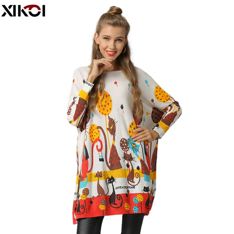 XIKOI Winter Cats Sweater For Women Oversized Pullovers Knitted Long Beautiful Jumper Fashion Printed Pull Femme O-Neck Clothes