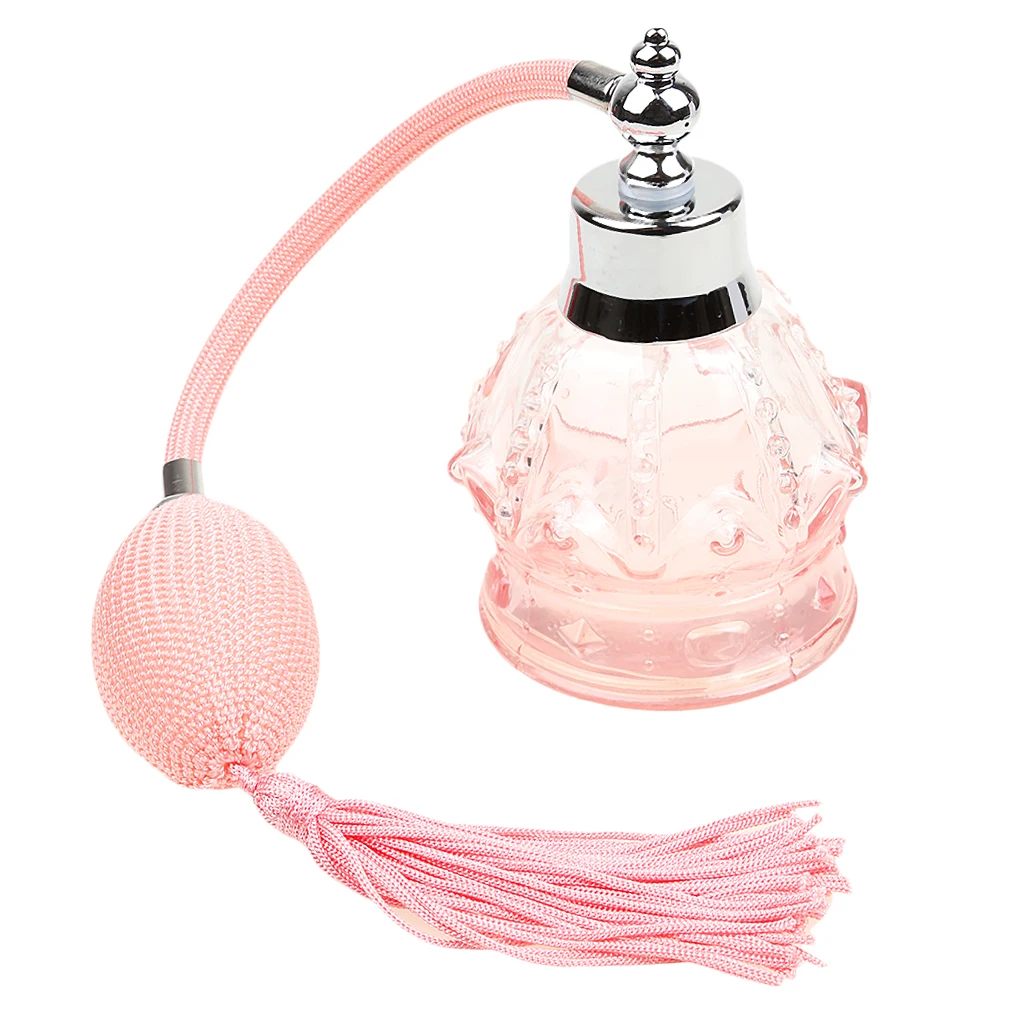 Vintage Crystal Perfume Bottle Long Bulb Tassel Spray Atomizer 100ml - Pink