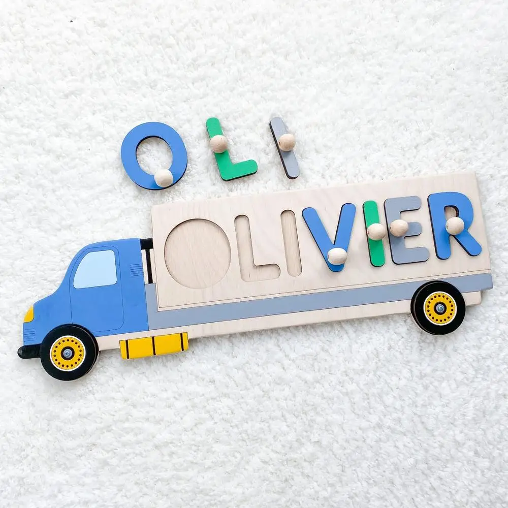 Custom Baby Name Auto truck Puzzle - Wooden Kids Toys personalize boy's Birthday Gift - Engraved Baby Gift- puzzle Toddler Toys