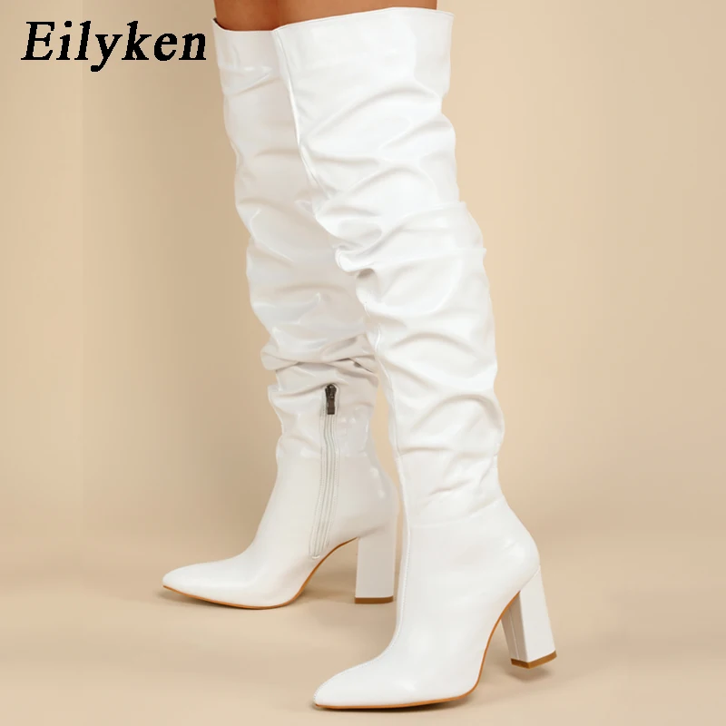 Eilyken Fashion White Pleated Women Over-the-Knee Boots Sexy Pointed Toe Square Heels Ladies Long Zipper Female Shoes