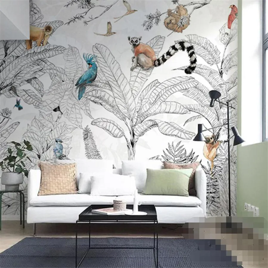 Custom 3D Wallpaper Mural Black And White Tropical Rainforest Animals And Plants  Living Room Background Wall Decoration