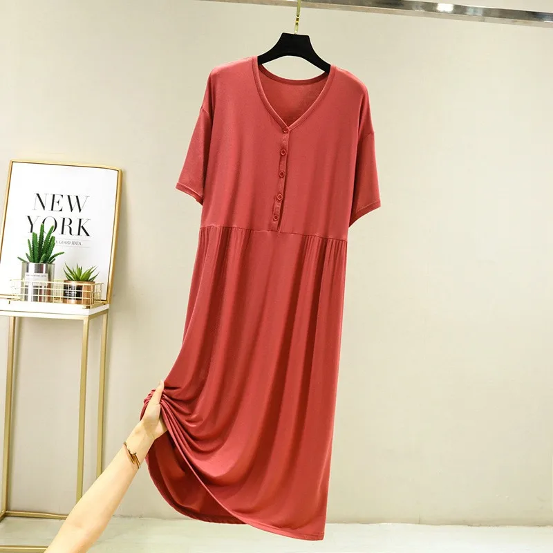 ผู้หญิง Vestidos ใหม่ Modal Night สบายๆ V คอฤดูร้อน Nightgowns หญิงแขนสั้นหลวมชุดนอน