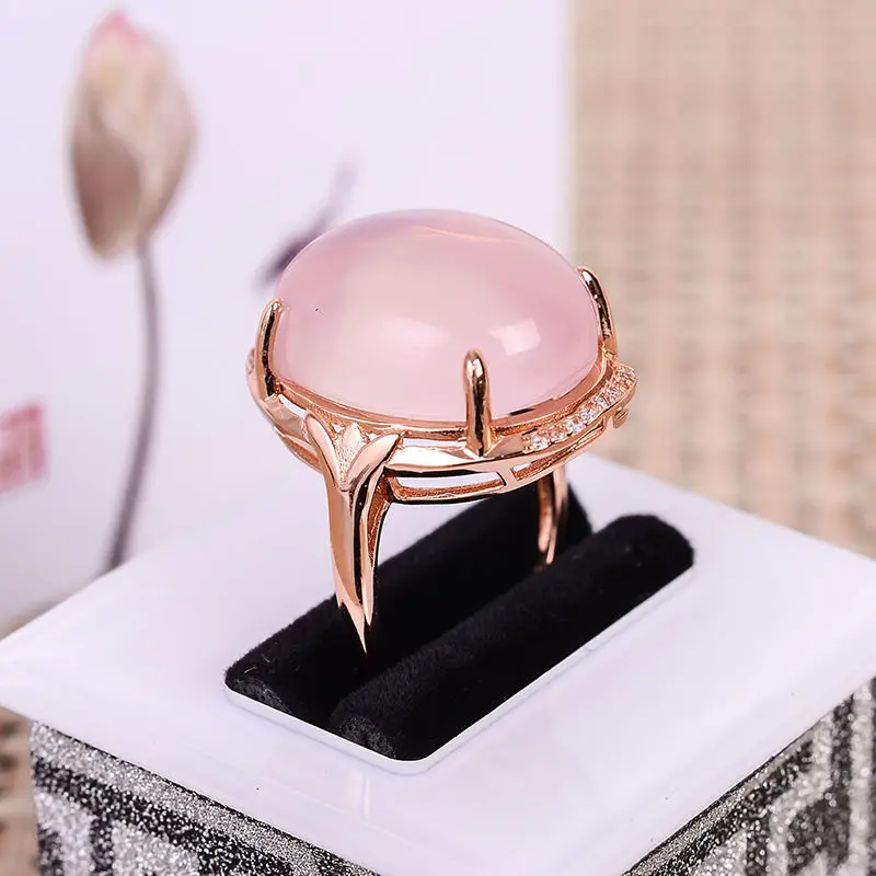 MeiBaPJ Natural Big Rose Quartz Gemstone Fashion Ring for Women Real 925 Sterling Silver Fine Charm Wedding Jewelry