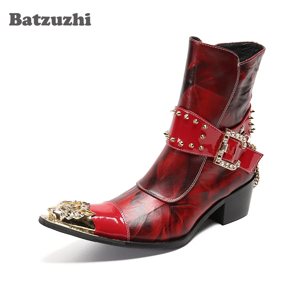 Batzuzhi Punk Men's Boots Golden Pointed Iron Toe Leather Ankle Boots Motorcycle Party & Wedding Boots Men Botas Hombre, US6-12