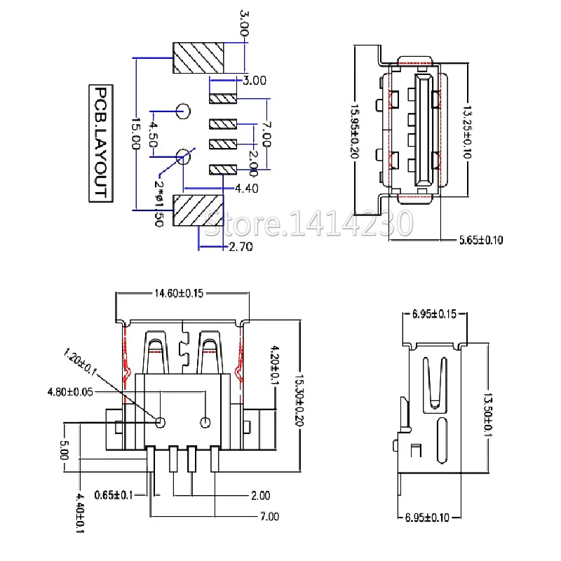 100PCS USB Type A Standard Port Female Solder Jacks Connector PCB Socket USB-A type SMT 4pin