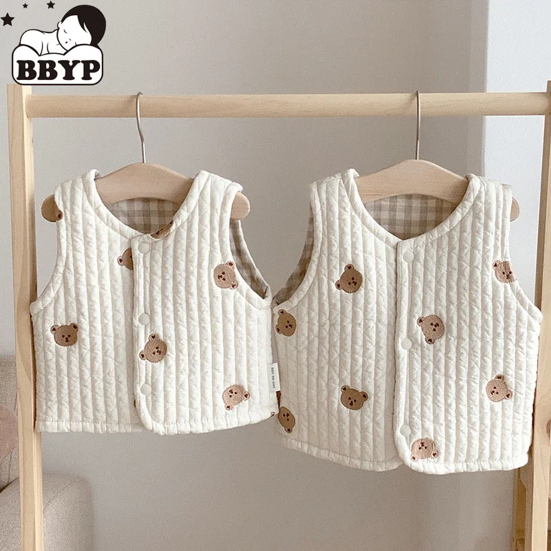 

Spring New Kids Boys Girls Cotton Vests Clothes Embroidery Bear Baby Waistcoats Toddler Girls Sleeveless Tops Unisex Outerwear