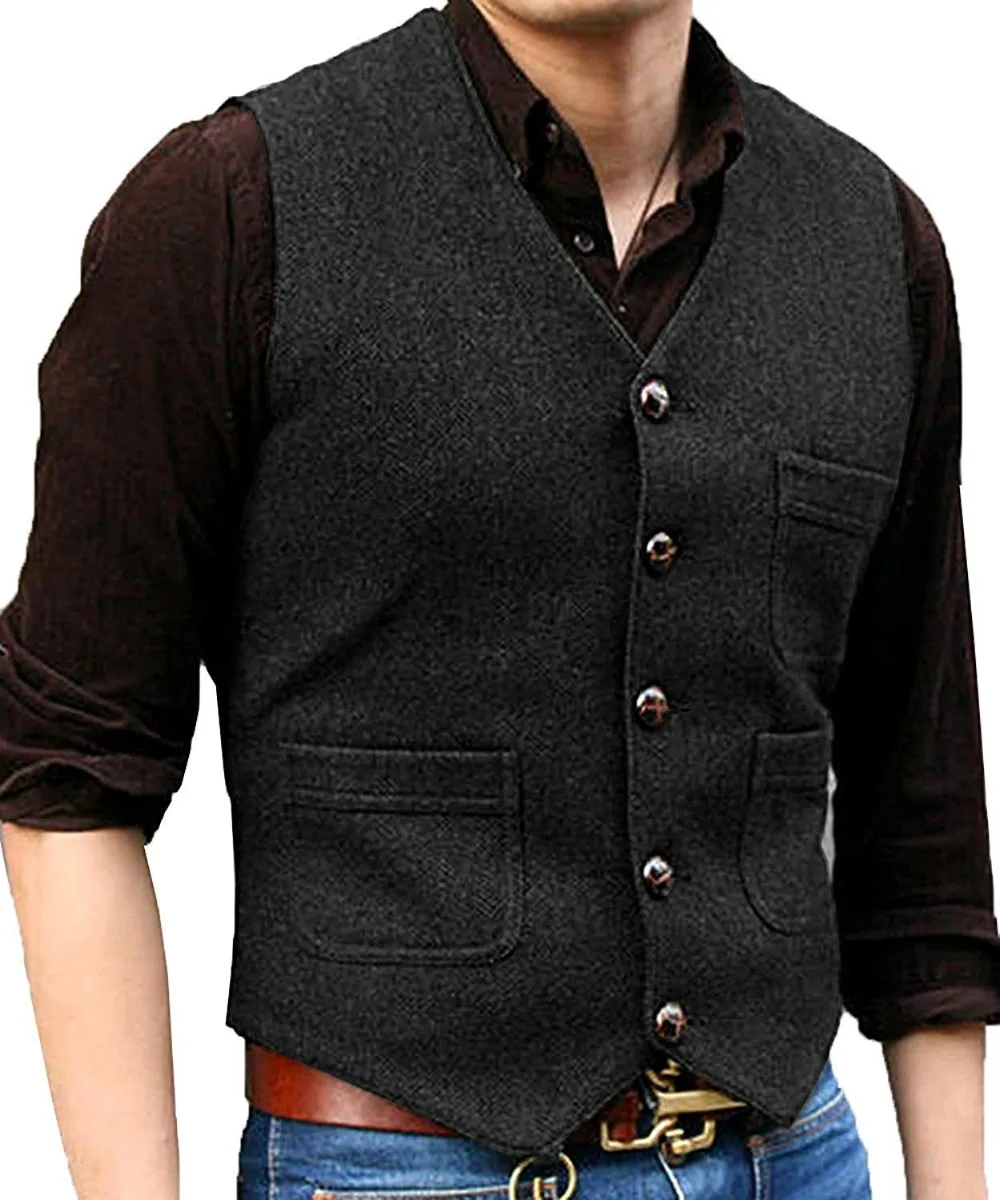 Latest Men Vests Tweed Suit Business Vest Steampunk Waistcoat Jacket Brown Black Vintage Style Groomsmen Clothing For Wedding