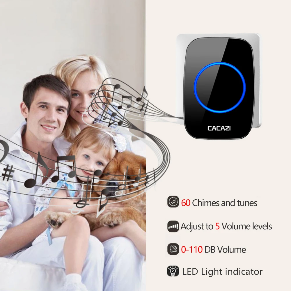 CACAZI Home Wireless Night Light Doorbell Waterproof 0-110DB 60 Chimes 1 Transmitter 6 Receiver CR2032 Battery US EU UK Plug