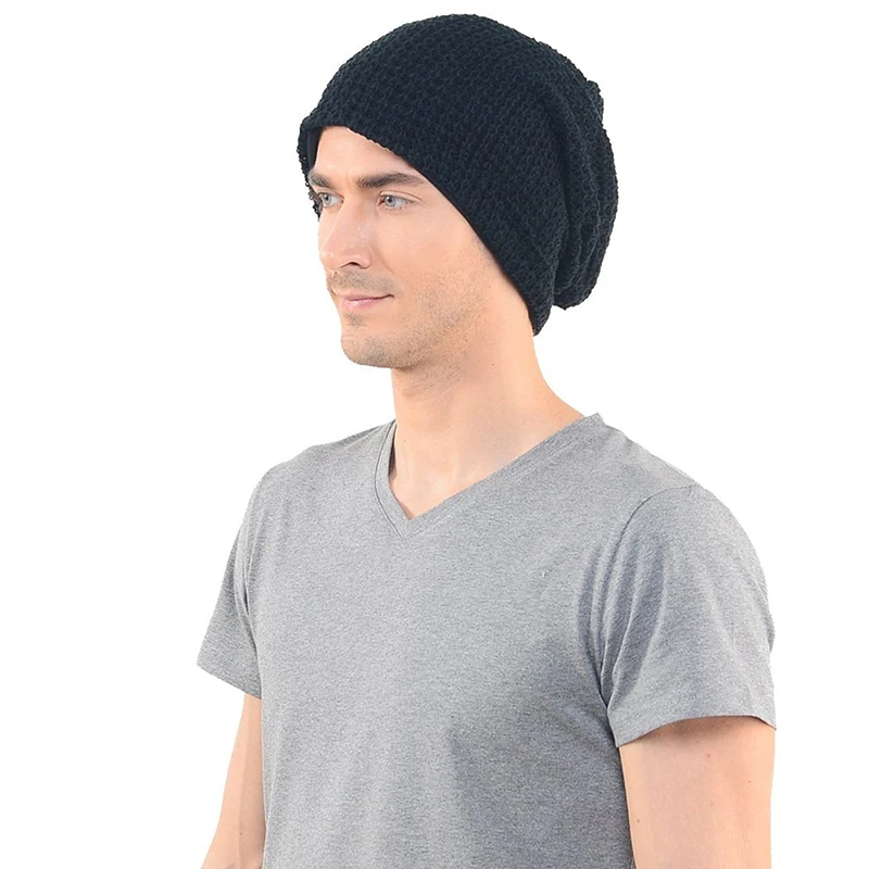 Mens Slouchy Long Beanie Knit Cap for Summer Winter Oversize black