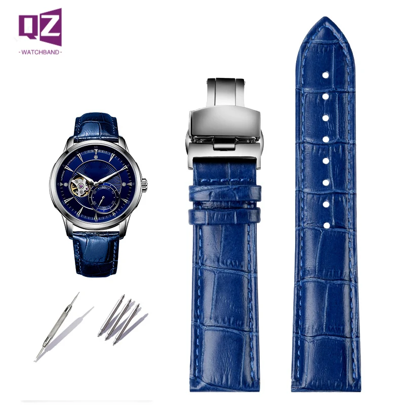 Bracelet de montre en cuir de vache, pour tissot seiko huawei citizen, 16mm 18mm 20mm 21mm 22mm 23mm, bracelet de montre en cuir véritable bleu