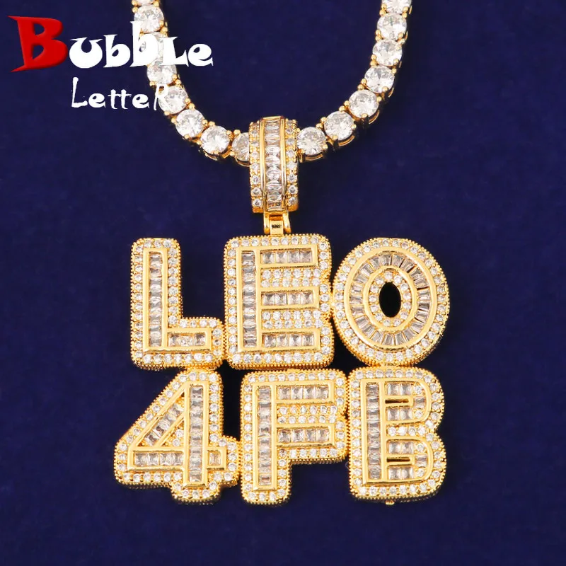 Bubble Letter Custom Name Necklace Men's Chain Baguette Personalized Pendant Real Gold Plated Hip Hop Jewelry Collares Hombre