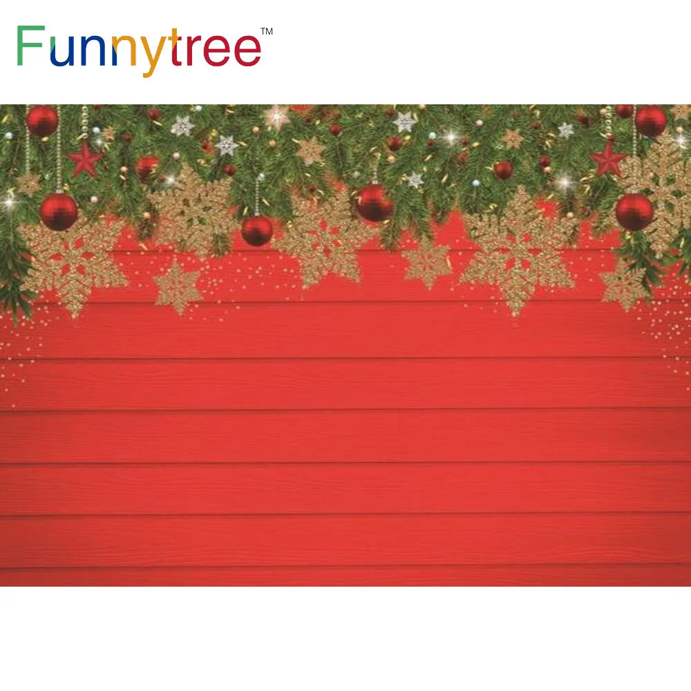 Funnytree-Fondo de fiesta de Feliz Navidad, ramas de pared Rojas, copo de nieve de invierno, puntos dorados, campanas, Festival de Año Nuevo