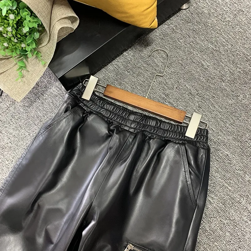 Women Causal Loose Fit Joggers Harem Pants Ankle Length Elastic Waist Sheepskin Genuine Leather Pants New Streetwear Cargo Pants