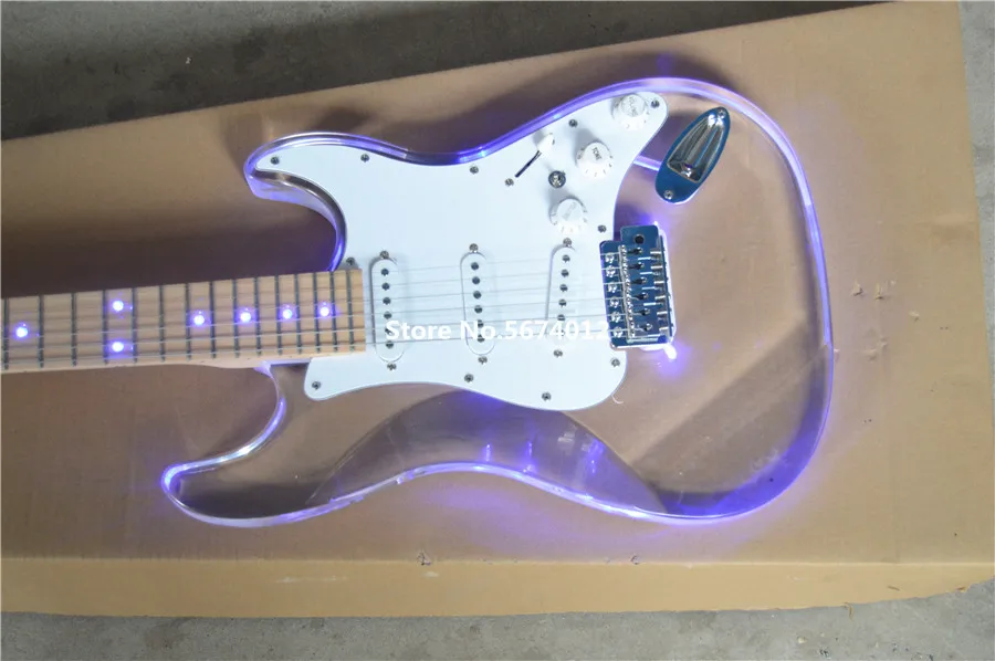 New customized crystal acrylic acrylic acrylic electric guitar maple xylophone neck with led blue light