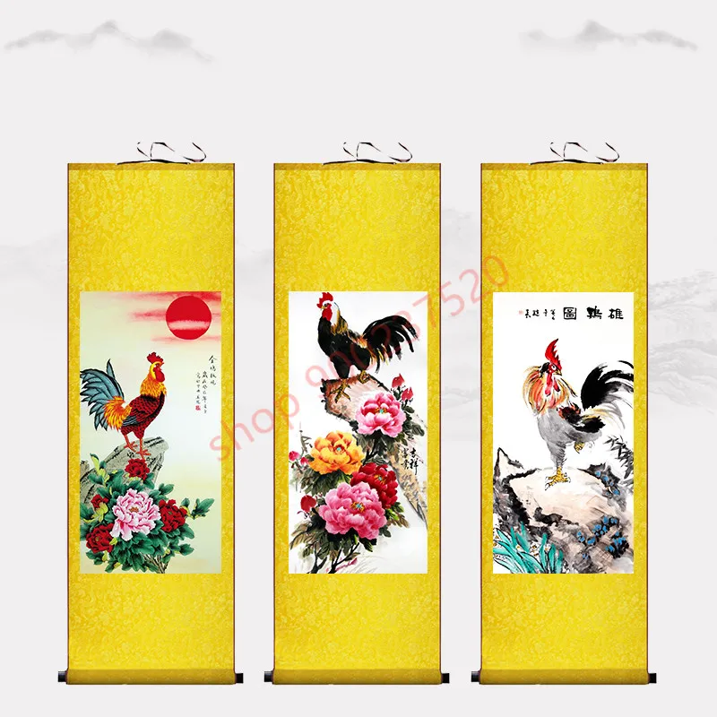 (customized) Golden Rooster herald the break of day, silk scroll hanging painting, Fengshui home decoration Rooster painting