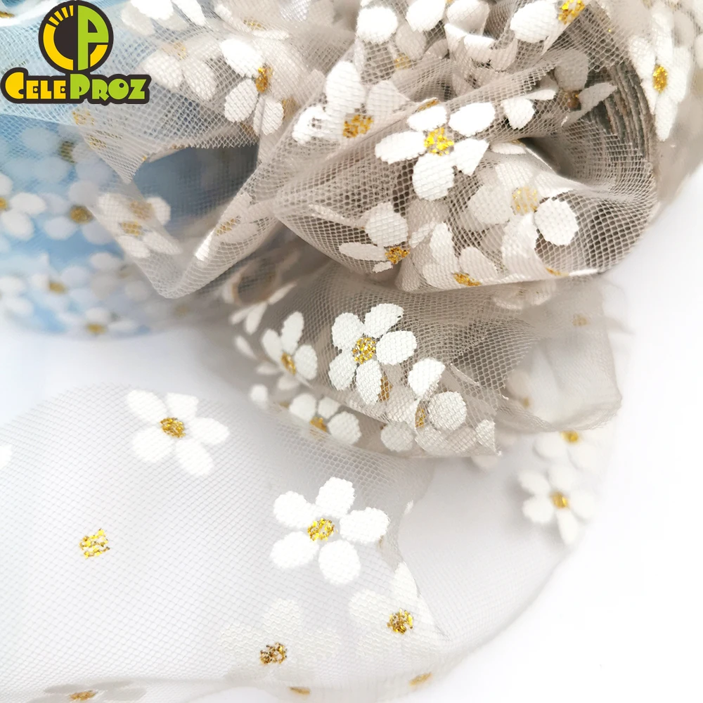 6cm 25Yards Floret Tulle Daisy Ribbon Roll DIY Handmade Craft Hair Ornament Baking Cherry Blossoms Printed Mesh Fabric Supplies