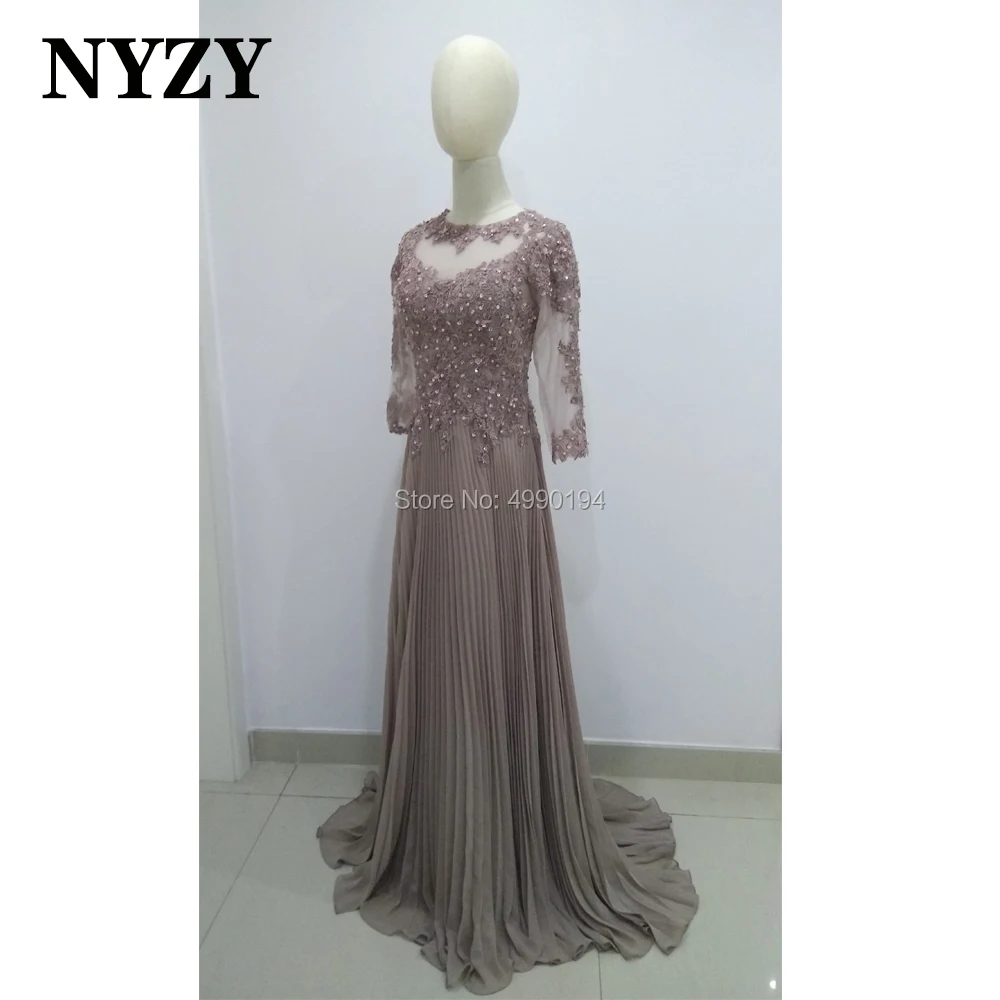 NYZY M308 – robe longue de la mère de la mariée, en mousseline de soie, manches 3/4 plissées, dentelle perles, élégante, robe de cérémonie de mariage, 2020