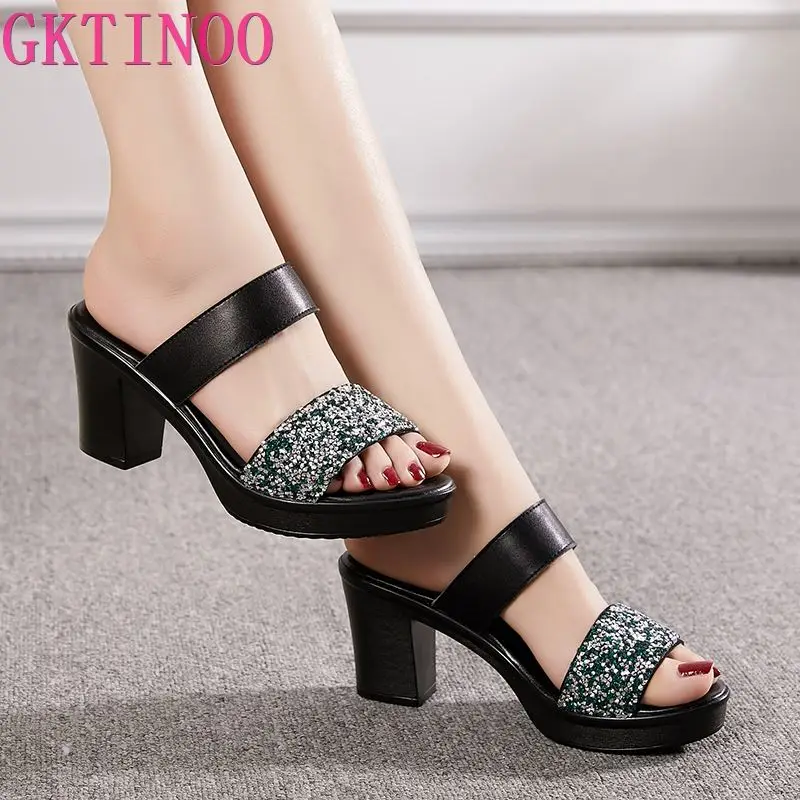 

GKTINOO Women Slipper's 2024 Ladies Summer Slippers Shoes Women High Heels Fashion Rhinestone Summer Shoes Genuine Leather