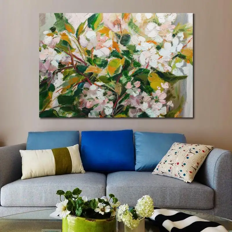 Textured Canvas Art Wall Decor Abstract Flower Impressionist Jasmin Handmade Oil Painting Colors Still Life Artwork White Green