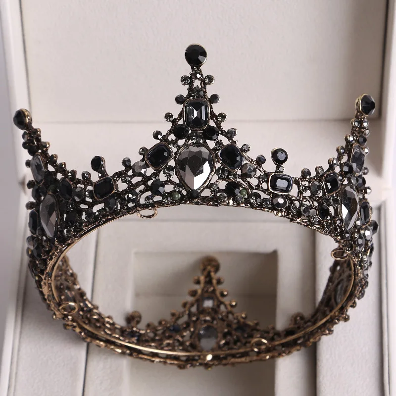 Crystal Round Bridal Tiara Big Black Crowns Baroque Pageant Prom Diadem Rhinestone Witch Tiara Headband Wedding Hair Accessories