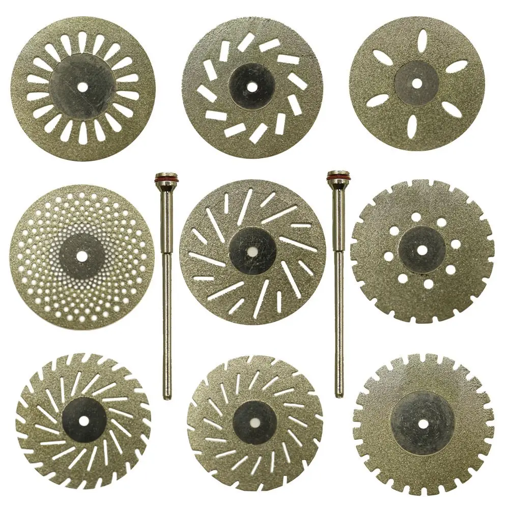 

9pcs Dental lab 0.20mm Double Sided Diamond Cutting Disc for separating polishing ceramic crown plaster or jade with 2 mandrels