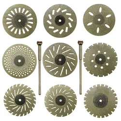 9pcs Dental lab 0.20mm Double Sided Diamond Cutting Disc for separating polishing ceramic crown plaster or jade with 2 mandrels