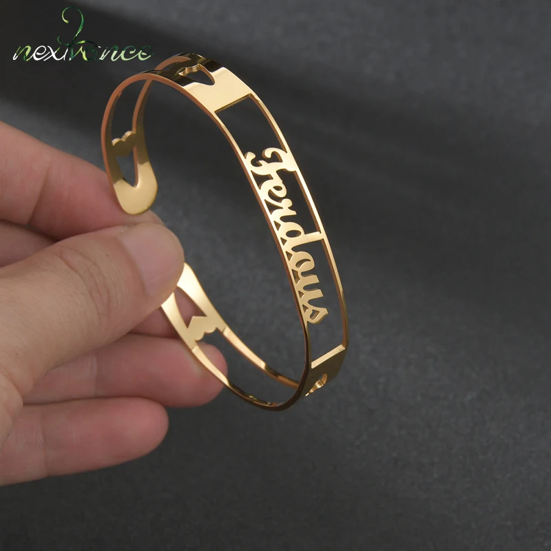 Nextvance Customized Name Heart Nameplate Bracelet Personalized Custom Cuff Bangles for Lover Women Girl Stainless Steel Gift