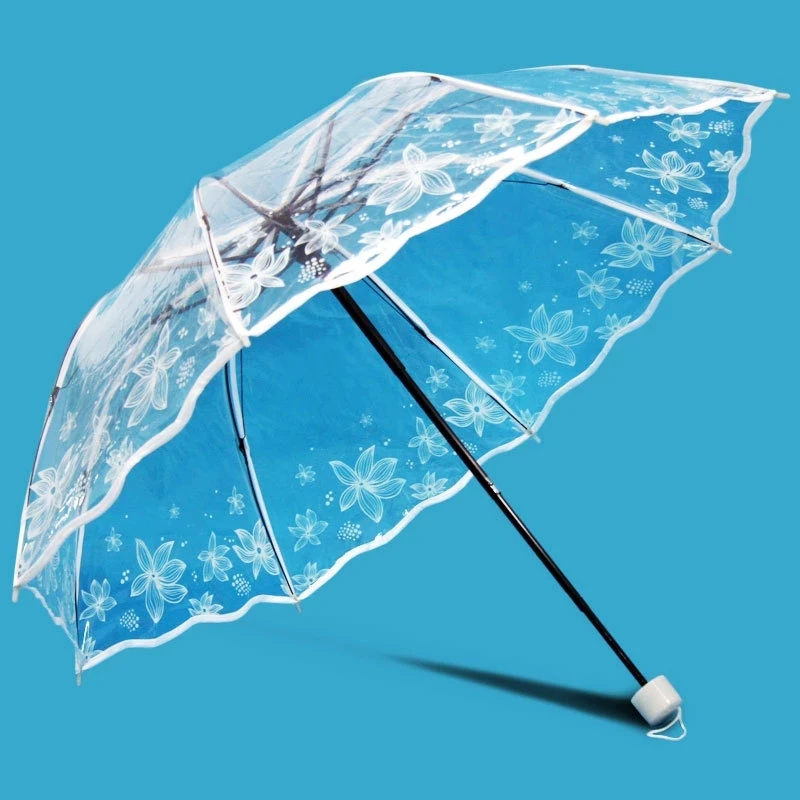 Transparent Fold PVC Clear Flower Printed Women Rainy Umbrellas White Rose Cherry Wedding Umbrella Outdoor Waterproof Parasol