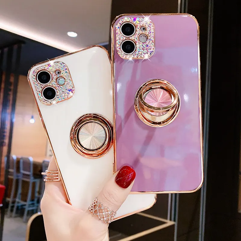 حامل هاتف مغناطيسي للسيارة حافظة كاميرا ماسية لهاتف آيفون 16 15 14 13 12 11 Pro Max X XR XS 7 8Plus غطاء مطلي بالذهب من حجر الراين