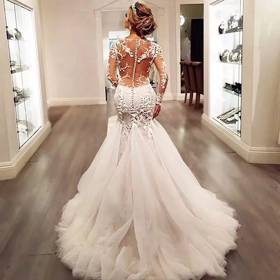 2021 lindo laço sereia vestido de casamento dubai africano árabe com pele superior petite mangas compridas magro fishtail vestidos de noiva