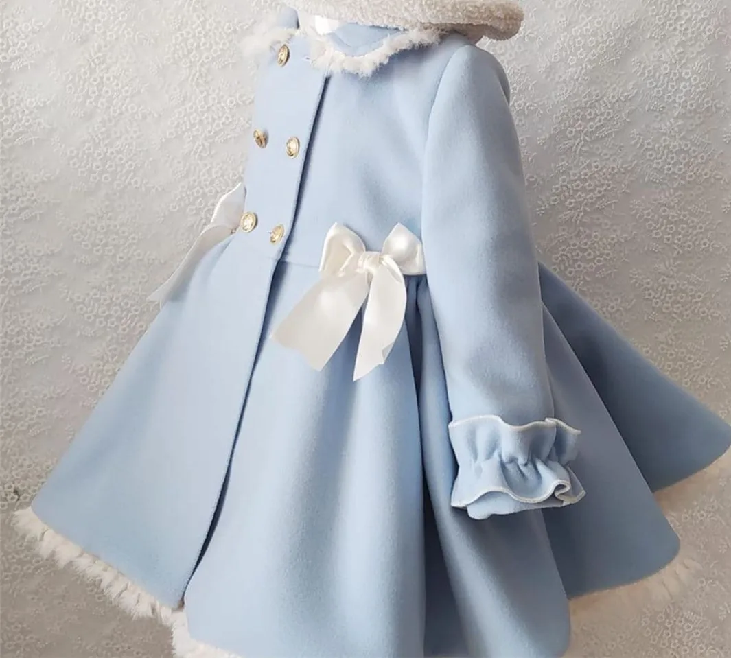 

1-12Y Baby Girl Autumn Winter Handmand Customized Palace England Spanish Light Blue Princess Wool Coat for Casual