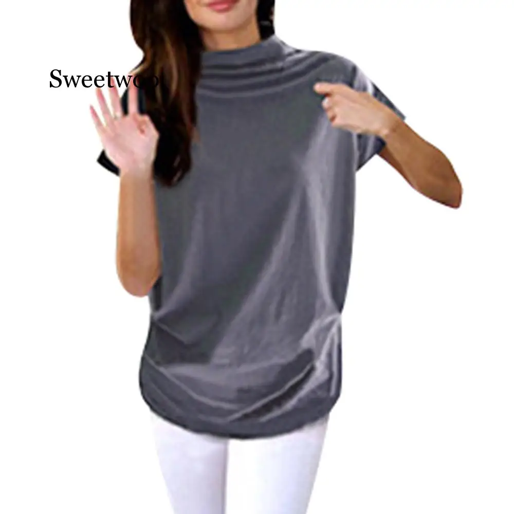 Frauen Casual Rollkragen Kurzarm Baumwolle mädchen Feste Beiläufige Bluse Top Shirt weibliche Plus Größe Solide kleidung mode