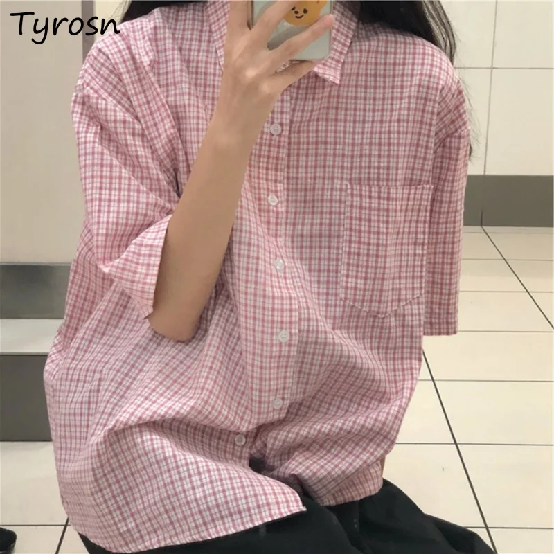 Summer Shirts Women Harajuku Plaid Blouses Short Sleeve Daily Streetwear Sweet Simple Ins Tops Korean Style Loose Girls Outwear