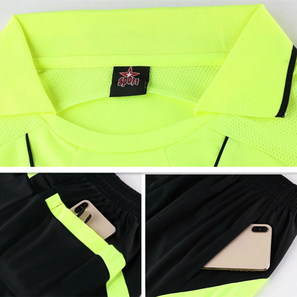 Professional Soccer Referee Uniform Men Turn-down Collar Football Referee Clothes Short Sleeve Judge Shirt Three Pockets Shorts