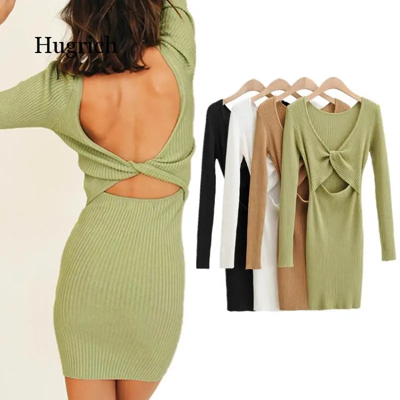 Knitted Dress Autumn Spring 2021 New Women Sexy Cross Open Back Both Sides Wear Long Sleeve Buttock Skirt