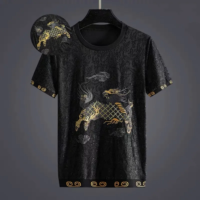 

High end quality dark jacquard Kirin embroidered short sleeve t-shirt men's summer tide brand large size top half sleeve tide