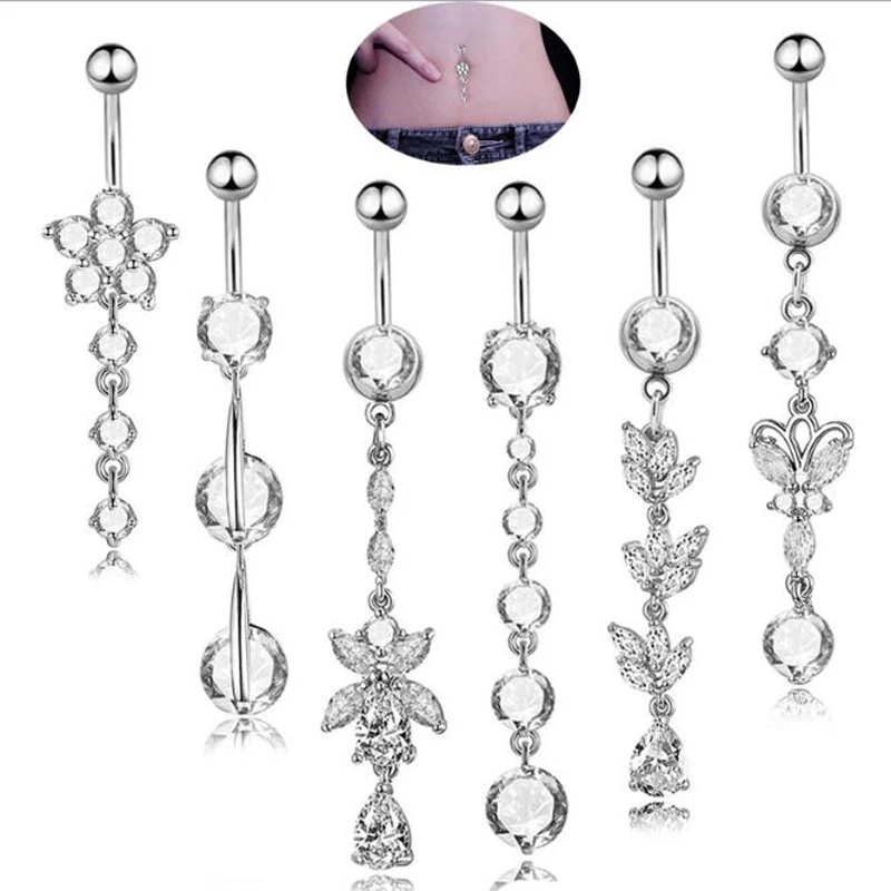 

JINGLANG Brand New Belly Button Rings Surgical Steel Dangle Rhinestone Flower Heart Dangled Navel Body Piercing Jewelry 6pcs