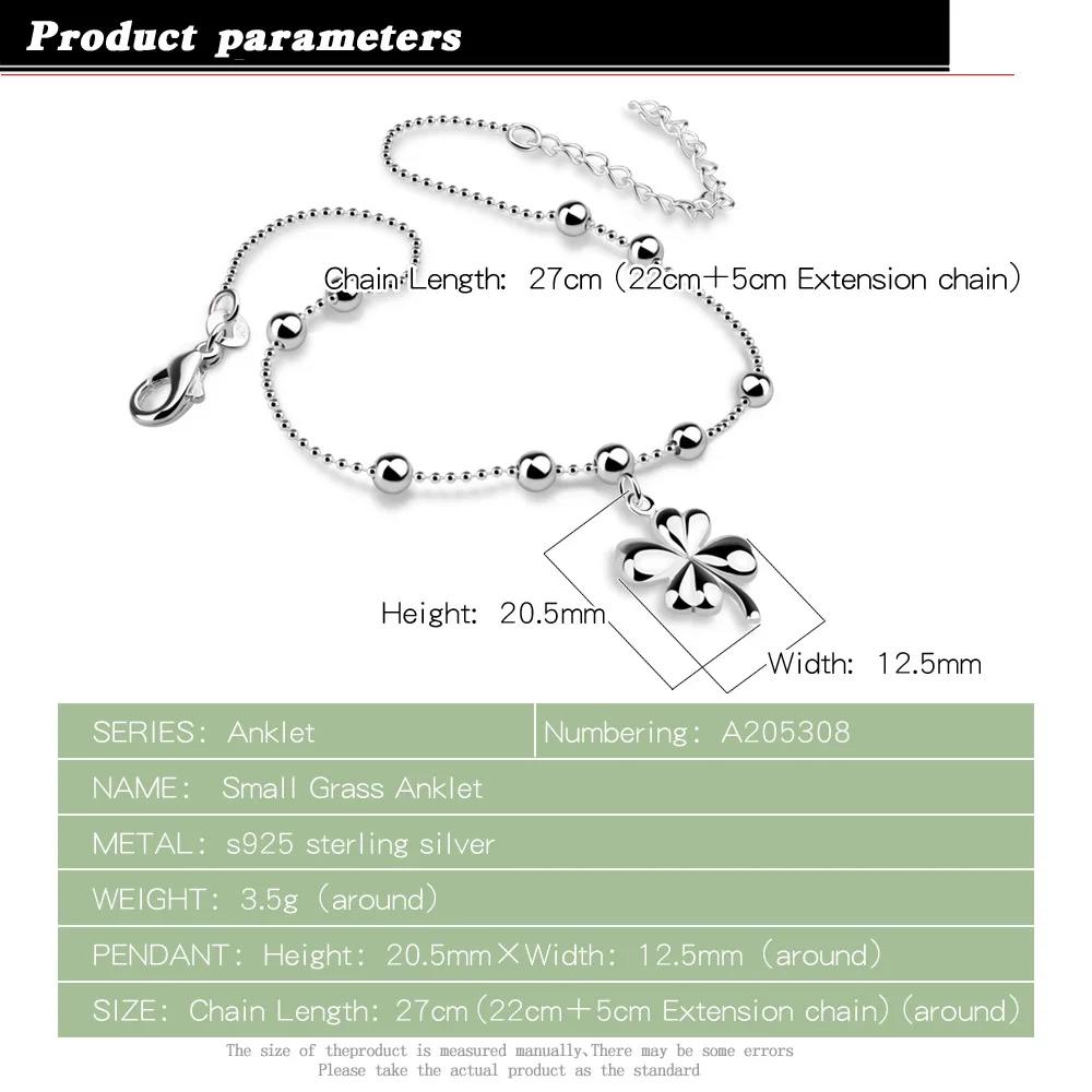 Bohemia Fashion Clover Anklets 100% 925 Sterling Silver Foot Beach Ball Anklets Women & Girl Barefoot Chain Jewelry Summer Gift