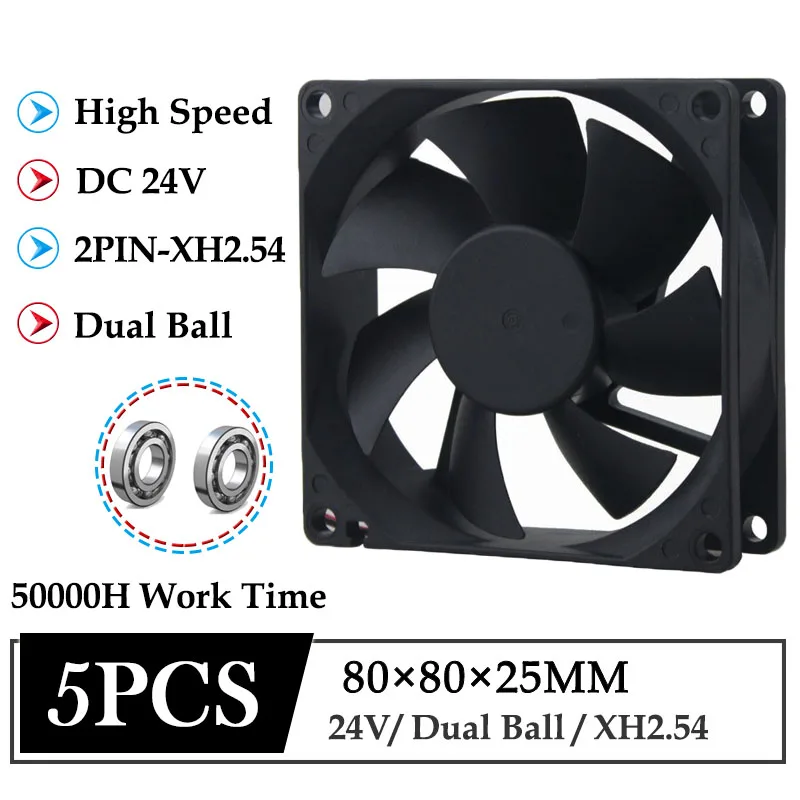 

5Pcs/Lot Gdstime 24V 80mm 80x80x25mm High Speed DC Dual Ball Brushless Computer Case Cooler 8025 8cm Graphics Card Cooling Fan