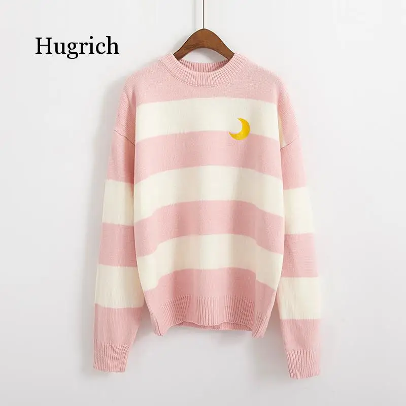 

Women's Sweaters Kawaii Ulzzang College Candy Color Stripes Moon Sets Embroidery Sweater Female Harajuku Clothing For Women Lady